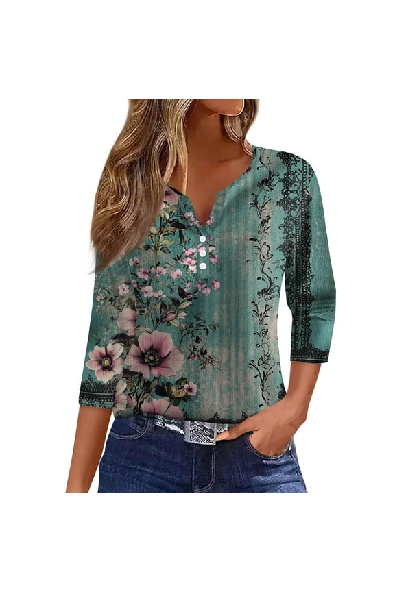 Women's Button Front V-Neck Tunic Top 3/4 Sleeve Floral Printed Tee with Ribbed Texture Detail Casual Shirt for Weekend Outings,Green 2XL
