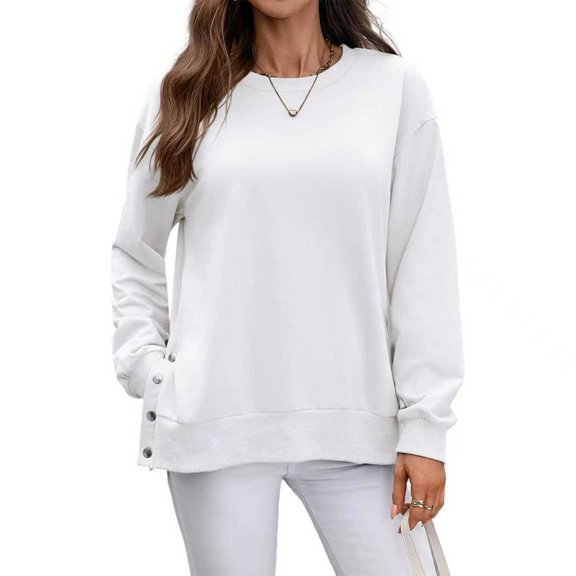 WTOBBY Women's Button Hem Slit Hoodie, Solid Color Casual Pullover, Long Sleeve Round Neck Top with Side Vent Design and Modern Street Style,White S