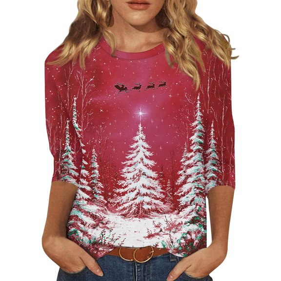 WTOBBY Women's Casual 3/4 Sleeve Christmas Printed Round Neck Top, Ladies Holiday Season Blouse with Seasonal Design, Comfortable Daily Wear for Casual Outings,Vermilion S