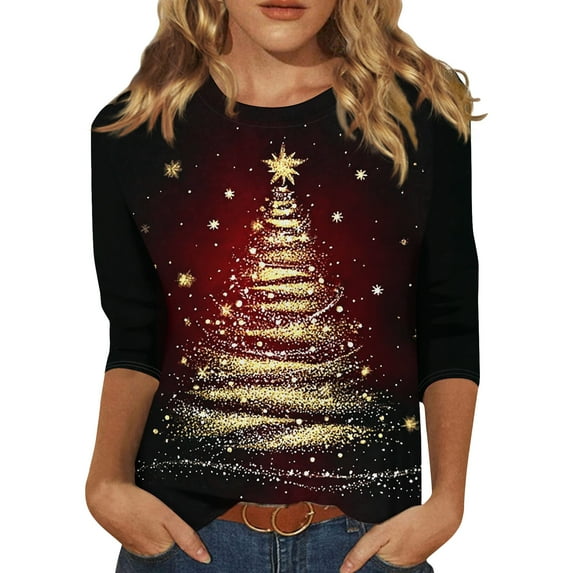 WTOBBY Women's Casual 3/4 Sleeve Christmas Printed Round Neck Top, Ladies Holiday Season Blouse with Seasonal Design, Comfortable Daily Wear for Casual Outings,Wine M