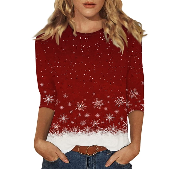 WTOBBY Women's Casual 3/4 Sleeve Retro Print Round Neck T-Shirt with Christmas Design, Women's Retro Fashion Top for Holiday Seasons, Comfortable Blouse for Wear,Red 4XL