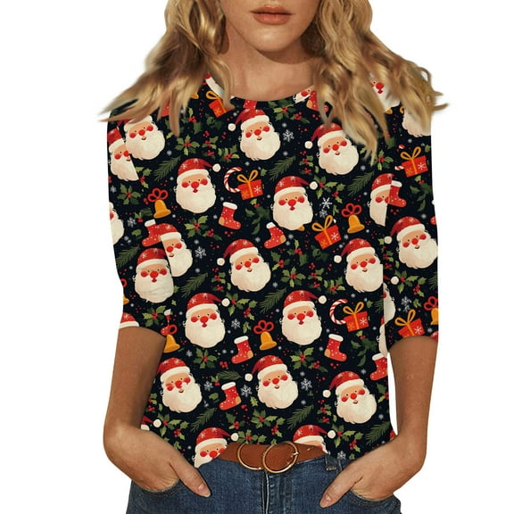 WTOBBY Women's Casual 3/4 Sleeve Retro Print Round Neck T-Shirt with Christmas Elements, Ladies Retro Style Top for Holiday Themes, Comfortable Blouse for Wear,Deep Red 5XL