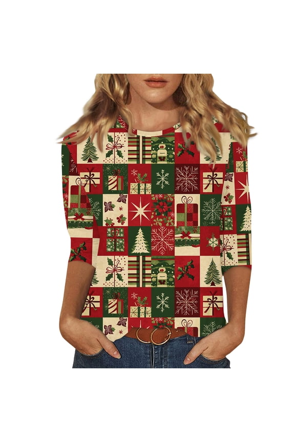 Women's Casual 3/4 Sleeve Retro Print Round Neck T-Shirt with Christmas Elements, Ladies Retro Style Top for Holiday Themes, Comfortable Blouse for Wear,Red L