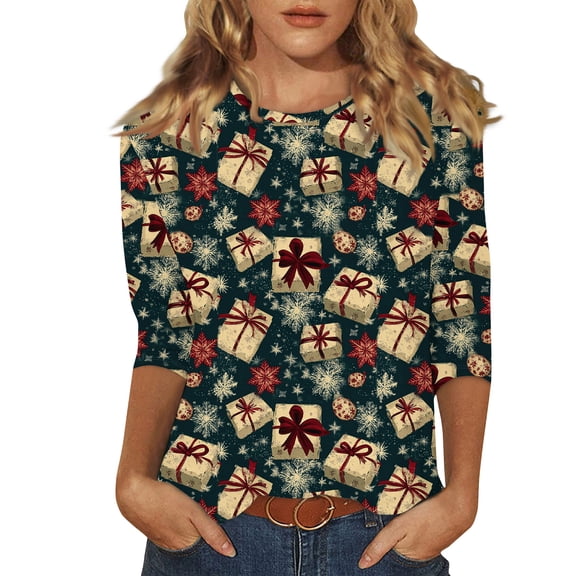 WTOBBY Women's Casual 3/4 Sleeve Retro Print Round Neck T-Shirt with Christmas Theme, Ladies Retro Style Top for Holiday Wear, Comfortable Blouse for Daily Use,Vermilion 5XL