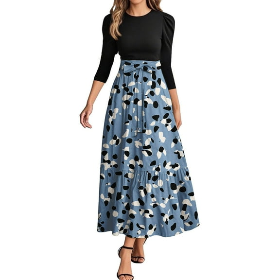 WTOBBY Women's Casual Belted Round Neck Floral Stitching 3/4 Sleeve Midi Dress, Elegant Tunic Style Dress with Feminine Details for Beach Outings,Green 2XL