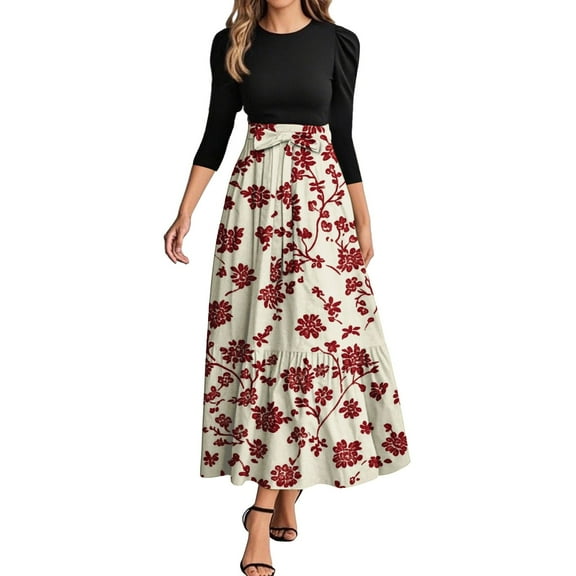 WTOBBY Women's Casual Belted Round Neck Floral Stitching 3/4 Sleeve Midi Dress, Elegant Tunic Style Dress with Feminine Details for Beach Outings,Red S