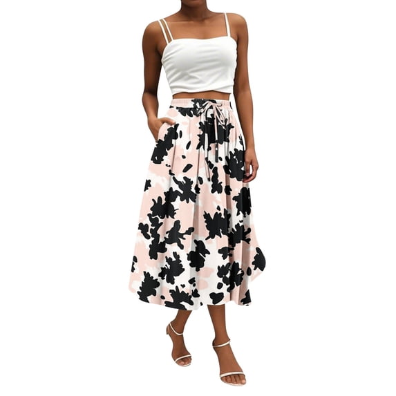 WTOBBY Women's Casual Bohemian Floral Print Skirt Temperament Pocket Design, Stylish Comfortable Skirt for Women Outdoor Cafes Shopping and Weekend Outfits,Beige L