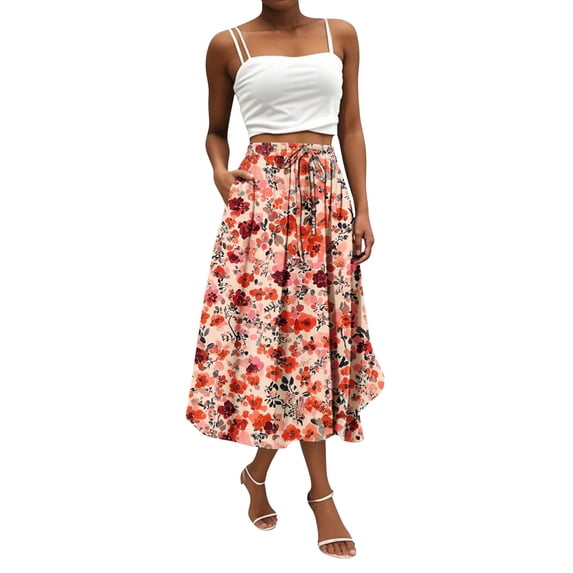 WTOBBY Women's Casual Bohemian Skirt Floral Print Design with Deep Pockets, Temperament Style Skirt for Vacation Travel and Daily Boho Chic Outfits,Saffron S