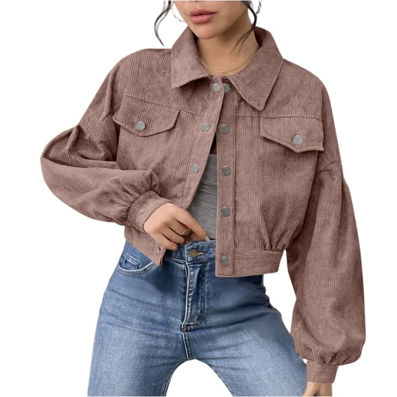 WTOBBY Women's Casual Corduroy Jacket Single-breasted Coat, Comfortable and Trendy Ribbed Fabric Jacket for Everyday Casual Style,Khaki 2XL