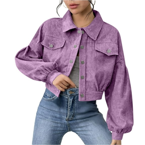 WTOBBY Women's Casual Corduroy Jacket Single-breasted Coat, Comfortable and Trendy Ribbed Fabric Jacket for Everyday Casual Style,Purple S