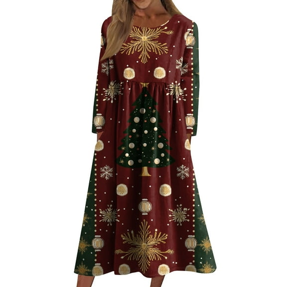WTOBBY Women's Casual Crew Neck Christmas Print Mid-Length Dress Long Sleeve with Pocket Holiday Party Wear Festive Seasonal Outfit,Wine XL
