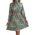 thumbnail image 1 of WTOBBY Women's Casual Elegant Flower Print Long Sleeve Tie Waist Pleated Skirt Dress Adjustable Belt for Custom Fit Chiffon-Like Fabric for Graceful Drape Perfect Garden Party ,Green S, 1 of 6