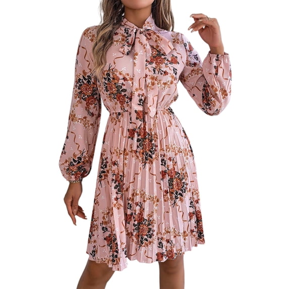WTOBBY Women's Casual Elegant Flower Print Long Sleeve Tie Waist Pleated Skirt Dress Adjustable Belt for Custom Fit Chiffon-Like Fabric for Graceful Drape Perfect Garden Party ,Pink XL