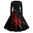 thumbnail image 1 of WTOBBY Women's Casual Elegant Slim Fit Halloween Printed Swing Dress Featuring Round Neck, Long Sleeves, Flared Hem, and Retro Design for Everyday Party Wear ,Red M, 1 of 3