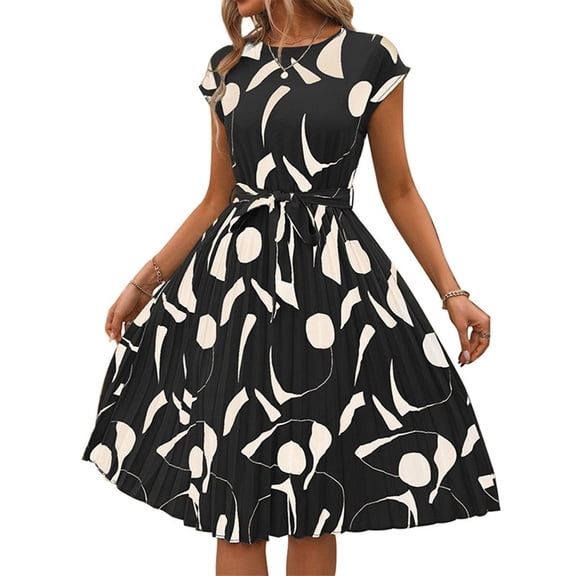 WTOBBY Women's Casual Fashion Abstract Print Pleated Cuff Dress with Unique Pattern and Relaxed Fit for Artistic Style Outings,Black S