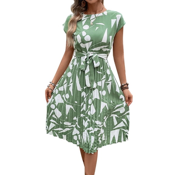 WTOBBY Women's Casual Fashion Abstract Print Pleated Cuff Dress with Unique Pattern and Relaxed Fit for Artistic Style Outings,Mint Green S