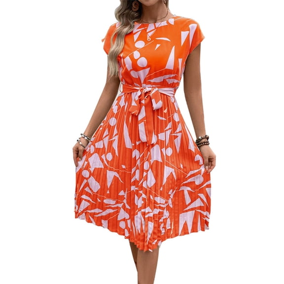 WTOBBY Women's Casual Fashion Abstract Print Pleated Cuff Dress with Unique Pattern and Relaxed Fit for Artistic Style Outings,Orange S