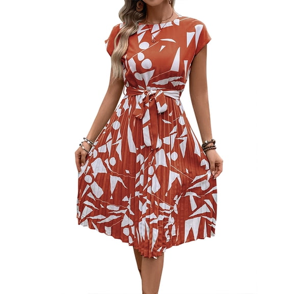 WTOBBY Women's Casual Fashion Abstract Print Pleated Cuff Dress with Unique Pattern and Relaxed Fit for Artistic Style Outings,Red S
