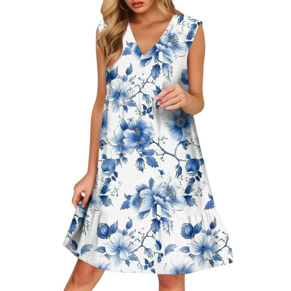 WTOBBY Women's Casual Fashion Breathable V-Neck Vest with Pockets Floral Holiday Dress, Summer Lightweight Design for Comfort, Perfect for Beach and Outdoor Fun,Light Blue S