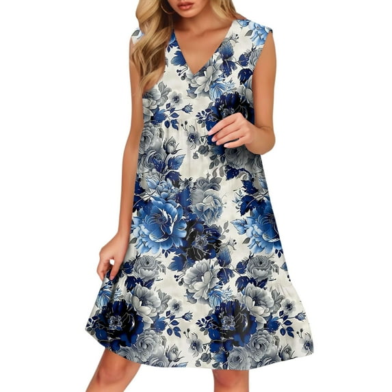 WTOBBY Women's Casual Fashion Breathable V-Neck Vest with Pockets Floral Holiday Dress, Summer Style with Lightweight Fabric, Comfortable and Flowy for Vacation Wear,Dark Blue M