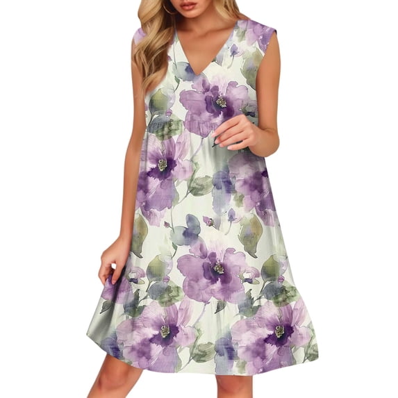 WTOBBY Women's Casual Fashion Breathable V-Neck Vest with Pockets Floral Holiday Dress, Summer Style with Lightweight Fabric, Comfortable and Flowy for Vacation Wear,Purple XL
