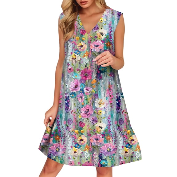 WTOBBY Women's Casual Fashion Breathable V-Neck Vest with Pockets Floral Holiday Dress, Summer Style with Lightweight Fabric, Comfortable and Flowy for Vacation Wear,Purple Pink S