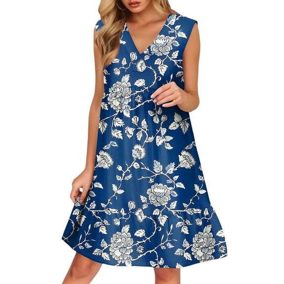 WTOBBY Women's Casual Fashion Breathable V-Neck Vest with Pockets Floral Holiday Dress, Summer Style with Lightweight Fabric, Comfortable and Flowy for Vacation Wear,Royal Blue S