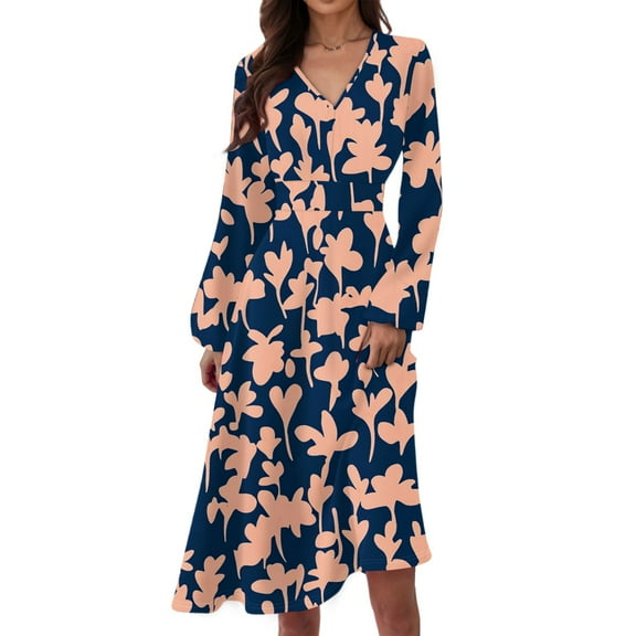 WTOBBY Women's Casual Fashion Floral Print V-Neck Long Sleeve Waist Long Dress Maxi Length with Flowy Hem for Elegance Waist-Defining Tie for Feminine Shape Boho Style ,Royal Blue S