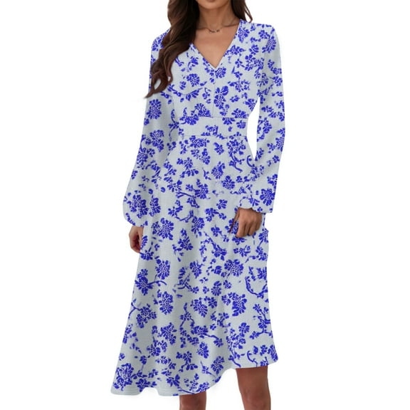 WTOBBY Women's Casual Fashion Floral Print V-Neck Long Sleeve Waist Long Dress Maxi Length with Flowy Hem for Elegance Waist-Defining Tie for Feminine Shape Boho Style ,Purple Pink 2XL