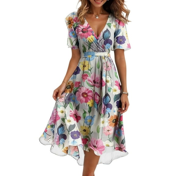WTOBBY Women's Casual Fashion Floral Print V-Neck Short Sleeve Side Zipper Waist Tying A-Line Dress, Ideal for Casual Events and Spring Summer Style,Pink XL