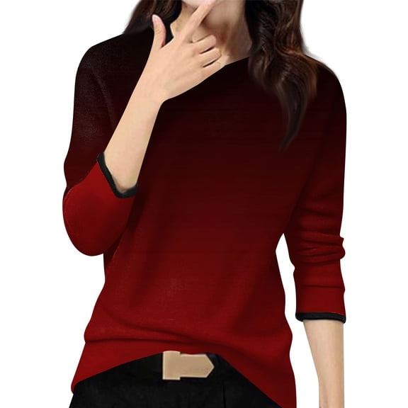 WTOBBY Women's Casual Fashion Gradient Marble Print Round Neck Long Sleeve Pullover Top, Comfortable Blouse for Stylish and Relaxed Everyday Wear,Red L