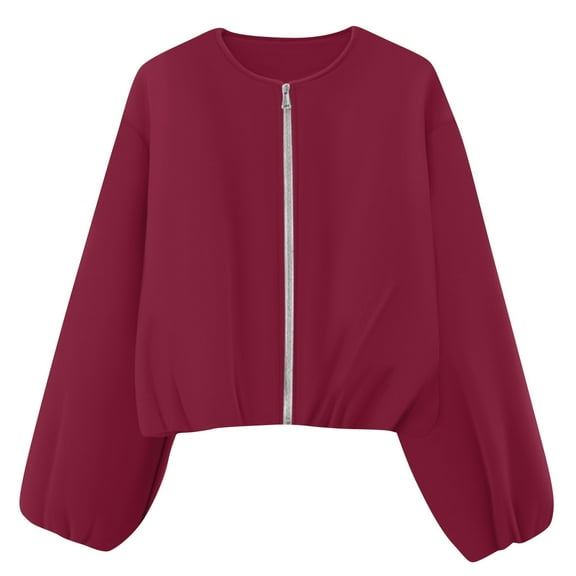 WTOBBY Women's Casual Fashion Loose Solid Color Short Jacket with Pockets, Lightweight Pilot Style Cropped Outerwear, Modern Streetwear for Spring and Fall,Deep Red S