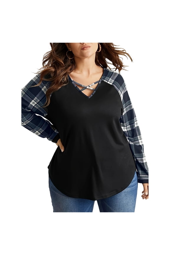 Women's Casual Fashion Plus Size Checkered Print Patchwork Long Sleeve V-Neck Top, Chic Boho Style Blouse for Curvy Women,Black XL