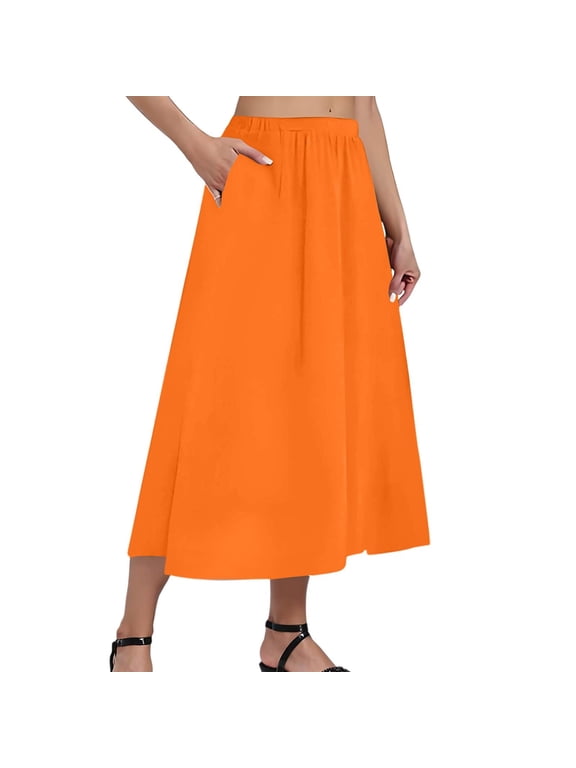 Women's Casual Fashion Solid Color Big Hem Skirt with Elastic Waist and Loose Side Pockets, Pleated Half-body Design for Everyday Wear, Flowy A-Line Bohemian Style,Orange S