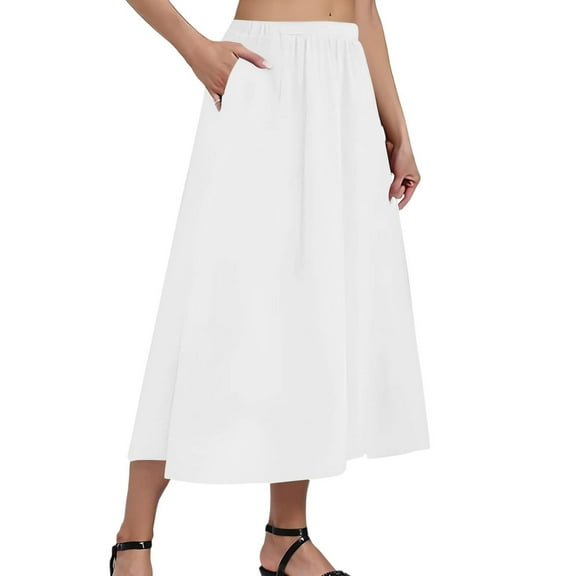 WTOBBY Women's Casual Fashion Solid Color Big Hem Skirt with Elastic Waist and Loose Side Pockets, Pleated Half-body Design for Everyday Wear, Flowy A-Line Bohemian Style,White S