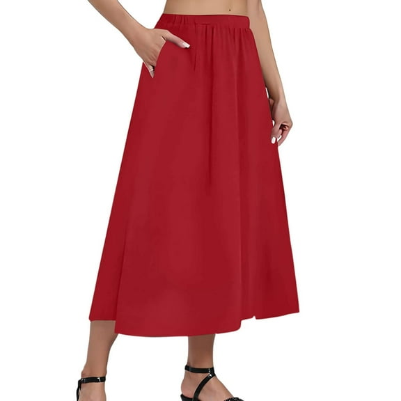 WTOBBY Women's Casual Fashion Solid Color Big Hem Skirt with Elastic Waist and Loose Side Pockets, Pleated Half-body Design for Everyday Wear, Flowy A-Line Bohemian Style,Red S