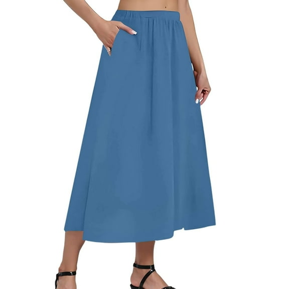 WTOBBY Women's Casual Fashion Solid Color Big Hem Skirt with Elastic Waist and Loose Side Pockets, Pleated Half-body Design for Everyday Wear, Flowy A-Line Bohemian Style,Blue S
