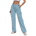 thumbnail image 1 of WTOBBY Women's Casual Fashion Solid Color Elastic Waist Drawstring Pockets Wide Leg Straight Pants, Day-to-Day Comfort Trousers,Light Blue 2XL, 1 of 7