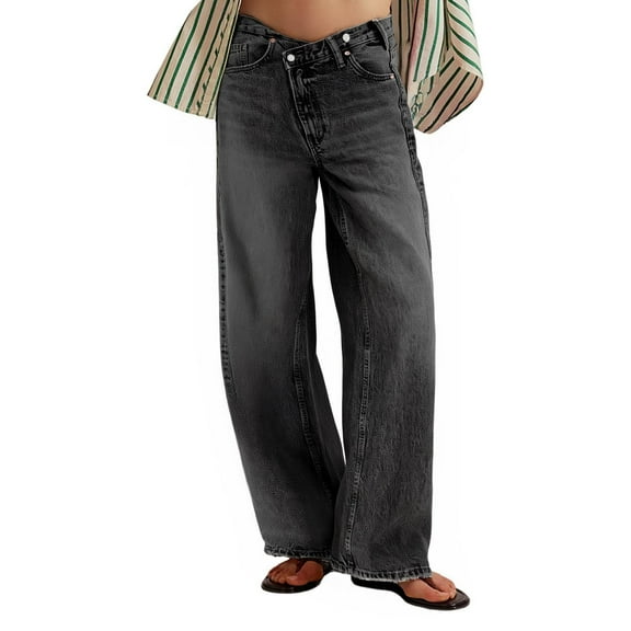 WTOBBY Women's Casual Fashion Solid Color Elastic Waist Pockets Wide Leg Straight Jeans, Denim Trousers with Stretch for Daily Comfort,Black M