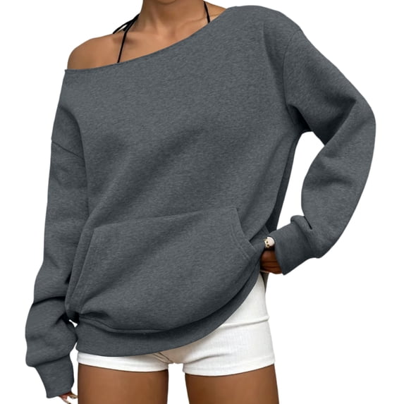 WTOBBY Women's Casual Fashion Solid Color Off-Shoulder Long Sleeve Loose Sweatshirt with Pockets, Trendy Design for Women, Comfortable and Stylish for Everyday Wear,Gray L