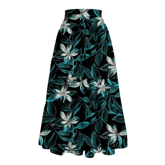 WTOBBY Women's Casual Floral Print Drawstring Skirt Elastic Waist Maxi Skirt Lightweight Summer Beach Skirt Flowy Tiered Boho Long Skirt with Waist Tie,Turquoise S
