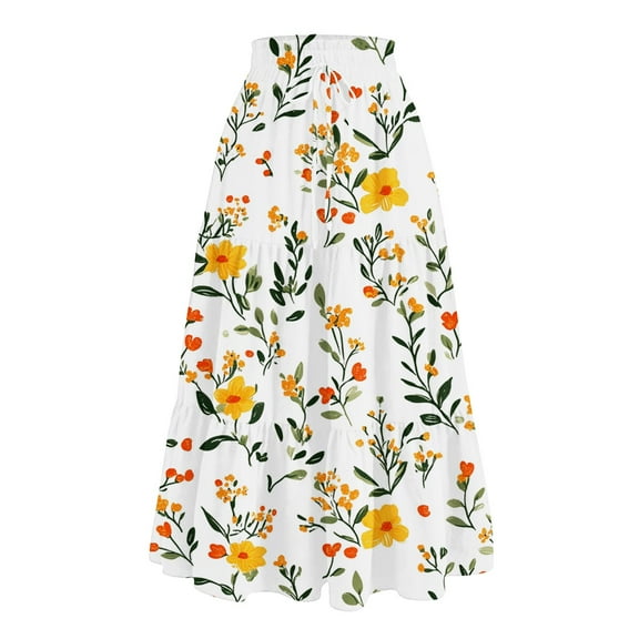 WTOBBY Women's Casual Floral Print Drawstring Skirt Elastic Waist Maxi Skirt Lightweight Summer Beach Skirt Flowy Tiered Boho Long Skirt with Waist Tie,Yellow S
