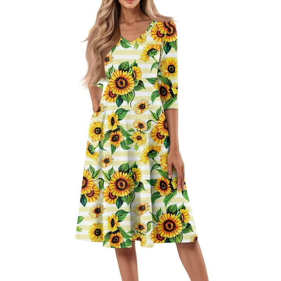 WTOBBY Women's Casual Floral Print V-Neck 3/4 Sleeve Midi Dress, Fashionable Sundress with Flattering Fit for Daily Wear and Special Occasions,Fluorescence Yellow S