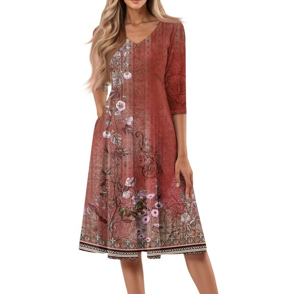 WTOBBY Women's Casual Floral Print V-Neck 3/4 Sleeve Midi Dress, Fashionable Sundress with Flattering Fit for Daily Wear and Special Occasions,Watermelon Red S
