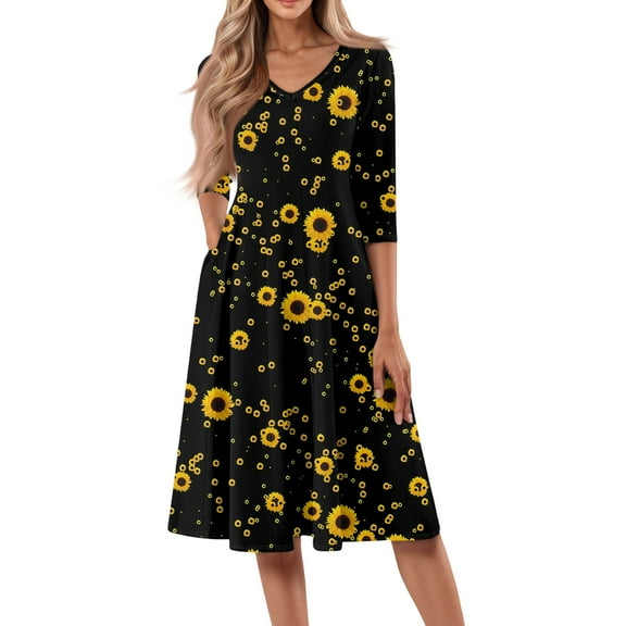 WTOBBY Women's Casual Floral Print V-Neck 3/4 Sleeve Midi Dress, Fashionable Sundress with Flattering Fit for Daily Wear and Special Occasions,Yellow S