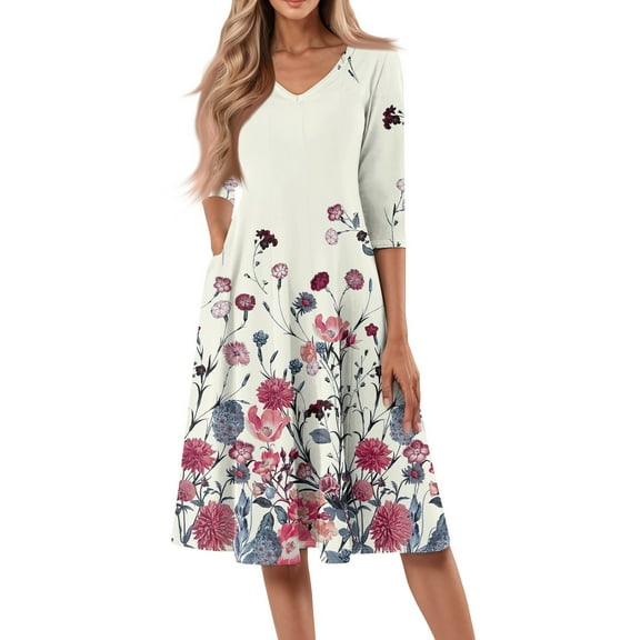 WTOBBY Women's Casual Floral Print V-Neck 3/4 Sleeve Midi Dress, Fashionable Sundress with Flattering Fit for Daily Wear and Special Occasions,Pink S