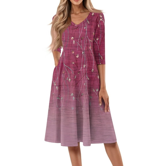 WTOBBY Women's Casual Floral Print V-Neck 3/4 Sleeve Midi Dress, Modern Digital Pattern Sundress with Comfortable Fit for Daily Activities,Hot Pink 2XL