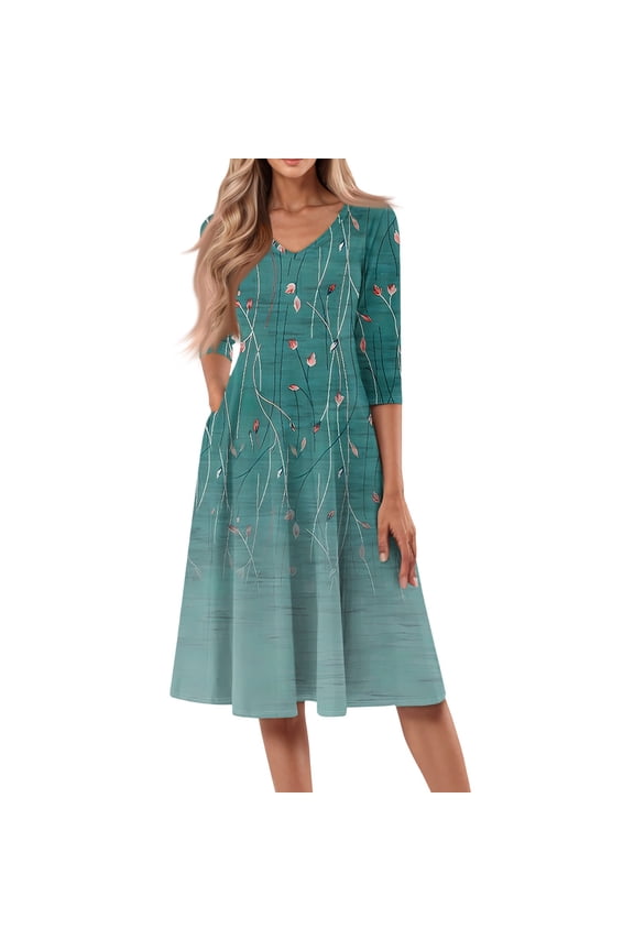 Women's Casual Floral Print V-Neck 3/4 Sleeve Midi Dress, Modern Digital Pattern Sundress with Comfortable Fit for Daily Activities,Turquoise S