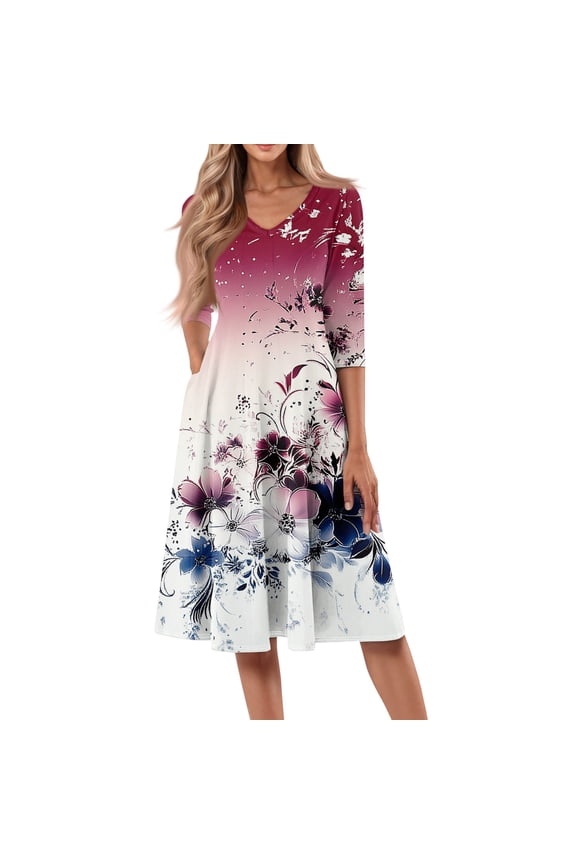 Women's Casual Floral Print V-Neck 3/4 Sleeve Midi Dress, Modern Digital Pattern Sundress with Comfortable Fit for Daily Activities,Pink L