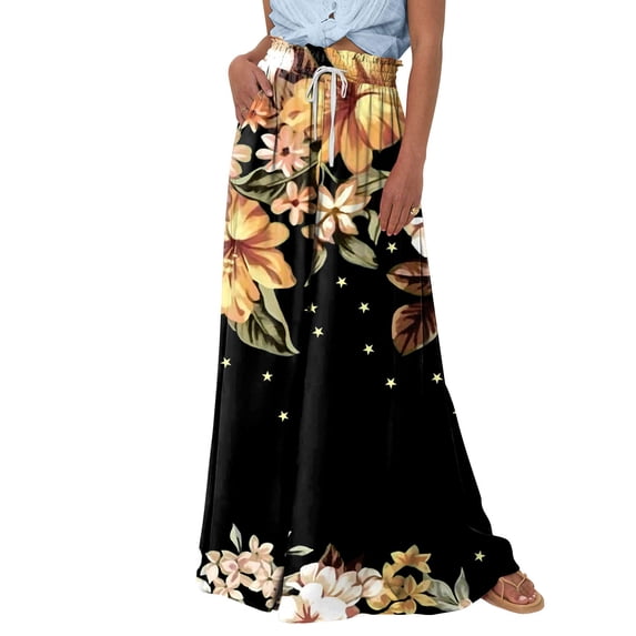 WTOBBY Women's Casual Flowy High Waisted Wide Leg Pants with Pockets Featuring Floral Print,Beach Trousers Perfect for Beach Activities, Poolside Lounging and Summer Waterfront Fun,Black M